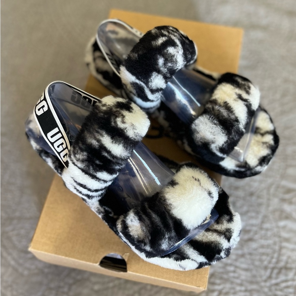 NEW UGG Oh Yeah Fluffy Slides Slippers Black White Marble Women’s Size 7 - Picture 5 of 7